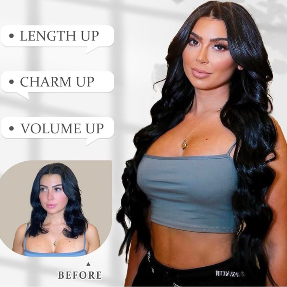 Brand New, Vigorous Clip in Hair Extensions Wig 4PCS Black Soft Synthetic 24”